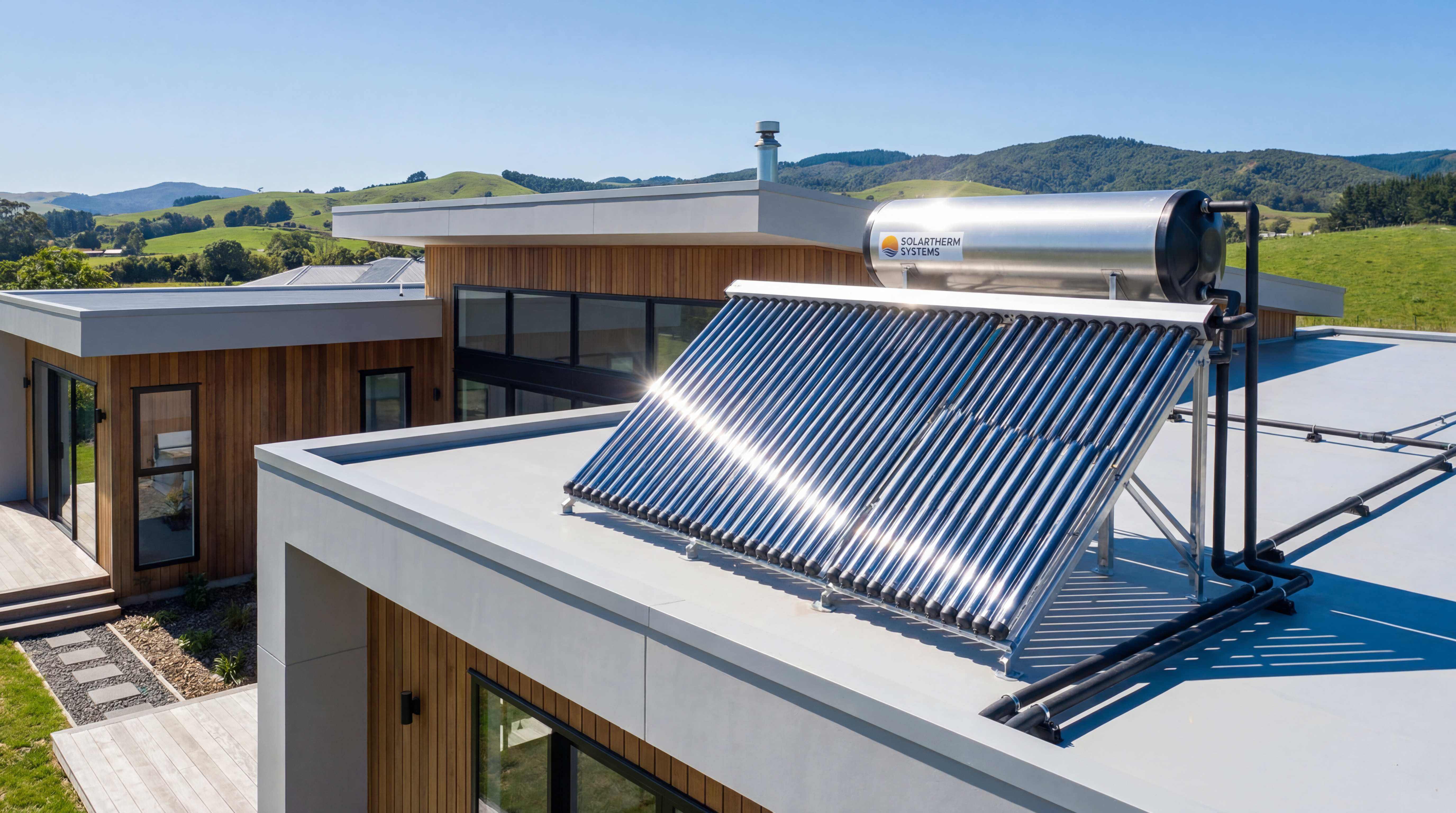 Non-pressure solar water heater with evacuated tubes and rooftop storage tank installed on a modern house